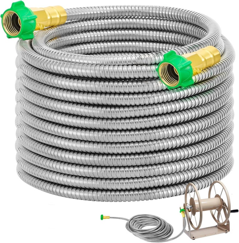 Beeplove Garden Hose with Female to Female Connector - 50ft Metal Leakproof Leader Hose for Reel, Heavy Duty 304 Stainless Steel Flexible Water Pipe for Outdoor Garden Watering Car Pet Cleaning - Image 1